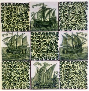 Nine Tiles Depicting Ships and Olive Branches
